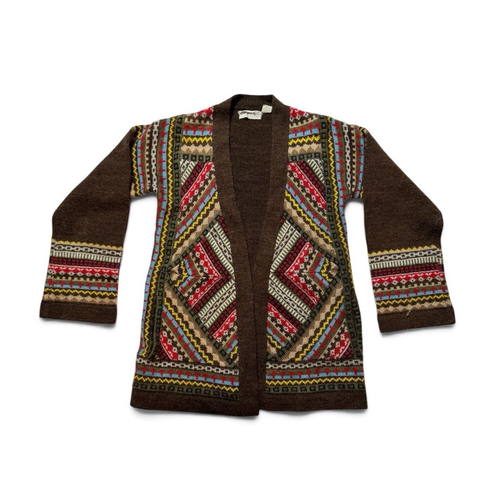 Vintage 70s An Original Import Bohemian Geometric Cardigan Knit Sweater Small